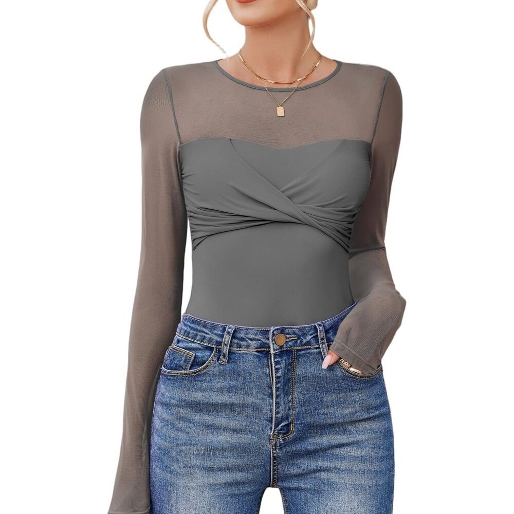 Women's Bodysuits Long Sleeve Crew Neck One Piece Sheer Twist Knot Tops Gray